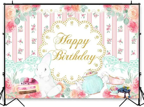 Avezano Telón de fondo de té de cumpleaños, decoración de fiesta de feliz cumpleaños, fondo floral de conejo, té, fiesta de cumpleaños, pastel de