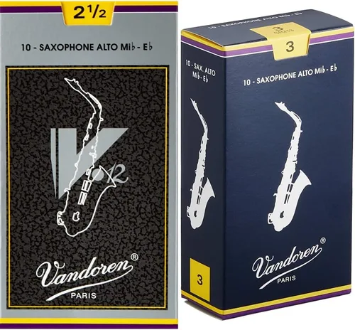 Vandoren SR6125 Cañas de saxo alto V.12 Fuerza 2.5; caja de 10 y cañas tradicionales SR213 para saxo alto Fuerza 3; caja de 10
