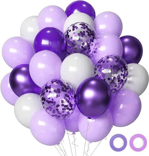 Globos de látex de 12 pulgadas con confeti para fiestas del bebé, cumpleaños, boda, despedida de soltera, color morado, lavada y lila, 50 unidades