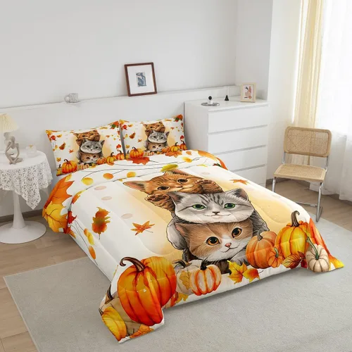 Miniatura 2 de Erosebridal Juego de edredón de gatos lindos para niños, juego de ropa de cama de calabaza y hoja de arce para niñas y niños, juego de edredón