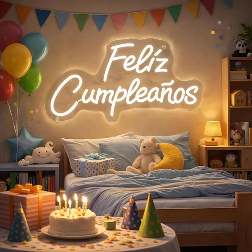 Miniatura 8 de Letrero de neón personalizado con texto en inglés «Feliz Cumpleaños», luz LED de pared para cumpleaños, decoración de fiestas, patio trasero