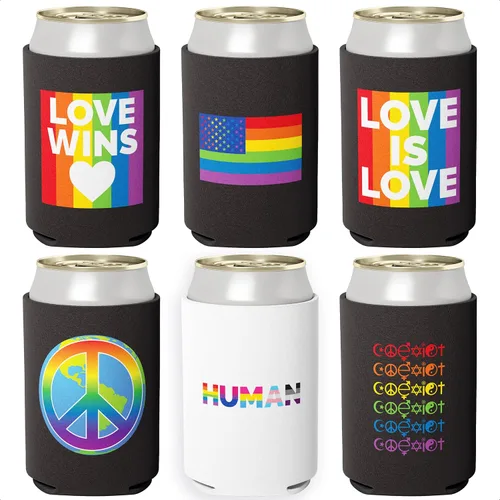 Juego de 6 piezas de Coolies LGBTQIA Super Vibrant, Be Proud LGBTQIA Coolies, paquete enfriador de latas de soda prémium Gay Pride. Fundas plegables