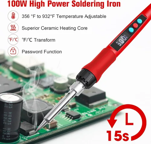 Miniatura 5 de Kit de soldador, pistola de soldar digital LED de 100 W con calentador de cerámica, herramientas de soldadura con temperatura ajustable con puntas