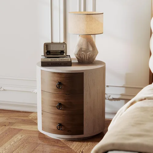 Miniatura 9 de SUNBURY Juego de 2 mesitas de noche vintage, mesa de noche pequeña de madera con cajón y estante abierto, mesa auxiliar de acento shabby para sala