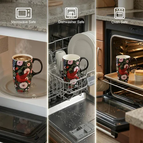Miniatura 6 de Topadorn Taza de café de cerámica, taza de viaje de porcelana con tapa y asa, taza de café grande para hombres y mujeres, trabajo de oficina, Pájaro