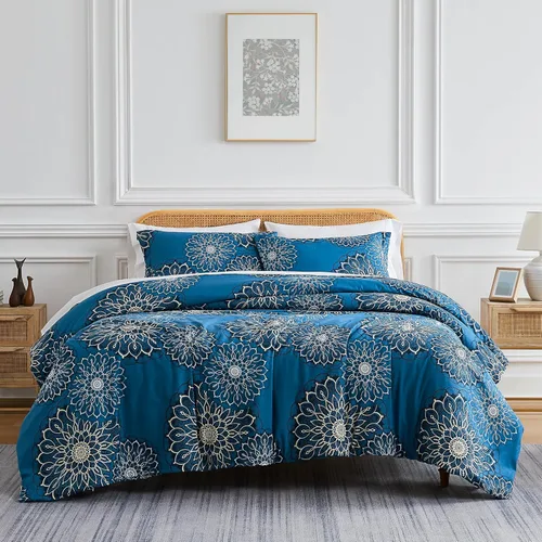 Miniatura 31 de Southshore Fine Living, Inc. Juego de edredón costero individual XL, edredón de plumón alternativo a rayas azules, tamaño individual XL con funda