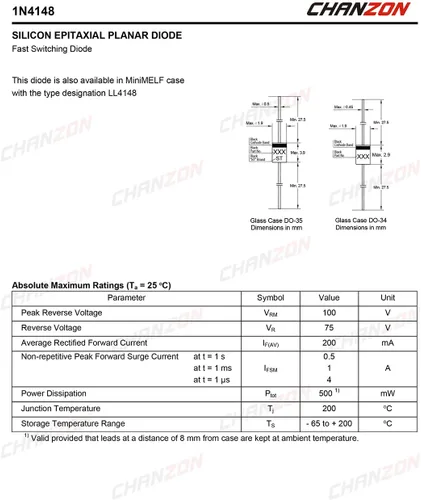 Miniatura 2 de Chanzon 1N4148 Diodos de conmutación rápida de señal pequeña axial de alta velocidad 200mA 100V DO-35 (DO-204AH) IN4148 Diodos de silicio