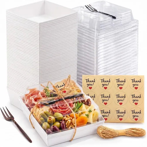 Miniatura 8 de Leafiew Paquete de 50 Cajas de Charcutería Individuales Pequeñas con Tapas Transparentes y Tenedores - Mini Caja de Charcutería de Papel Para