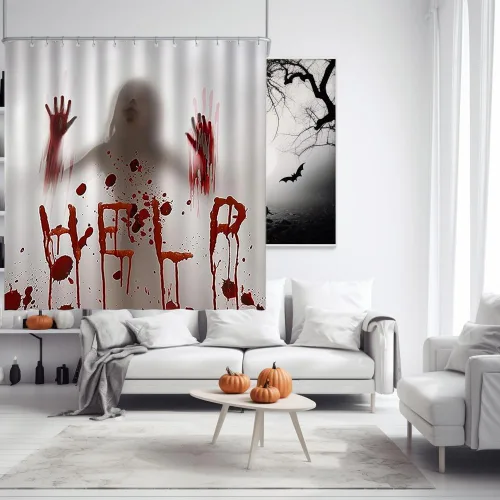 Miniatura 5 de Cortina de ducha de Halloween, cortinas de baño de terror sangriento de 72 x 72 pulgadas, tela impermeable con 12 ganchos para baño en casa, Rojo