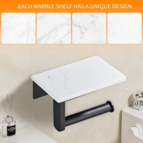Miniatura 5 de Soporte de papel higiénico negro mate con estante, tornillo de acero inoxidable 304 montado en la pared, soporte de rollo de papel de mármol