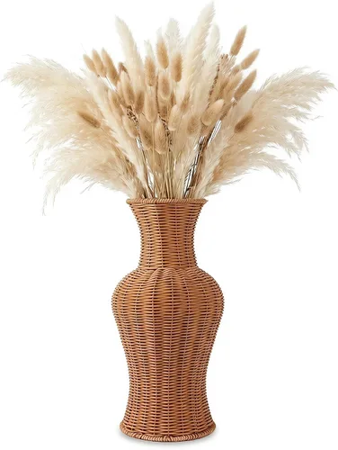 TEHAUX - Jarrón de mimbre tejido de ratán sintético, jarrón de piso irrompible de 17 pulgadas de alto para flores secas y hierba de pampas, urna