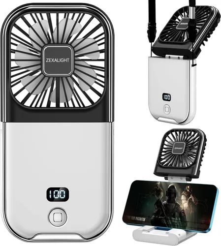 Miniatura 7 de Ventilador de mano portátil 5 en 1 recargable por USB, ventilador de collar, ventilador de escritorio, soporte plegable para teléfono, flujo de aire