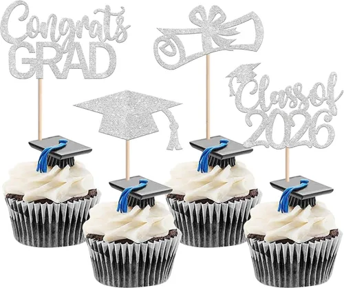Miniatura 8 de Rsstarxi Paquete de 24 adornos para cupcakes de graduación 2026, con purpurina azul, para la clase de 2026, para diplomas, 24 piezas (6 diseños)