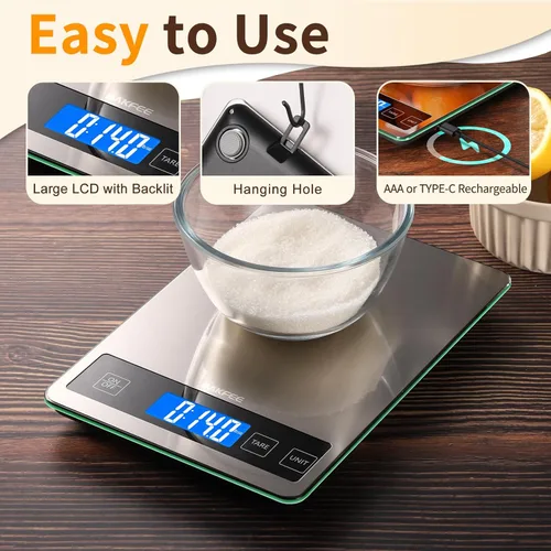 Miniatura 6 de Báscula de cocina digital de 33 lb con acero inoxidable y vidrio templado, recargable por USB, graduación precisa de 1 g / 0.05 oz, superficie