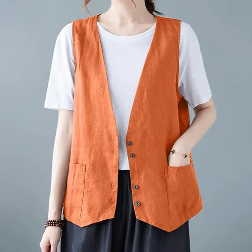 Miniatura 11 de COTECRAM Chaleco de lino de algodón para mujer, casual, sin mangas, con botones, ligero, para verano, holgado, ropa de abrigo