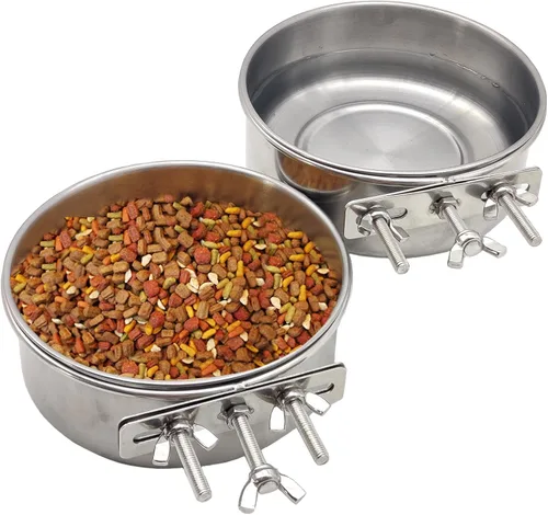 Miniatura 10 de PINVNBY 2 piezas cuencos de acero inoxidable para pájaros, cuencos para agua y alimentos con soporte de abrazadera, comedero de pájaros, tazones