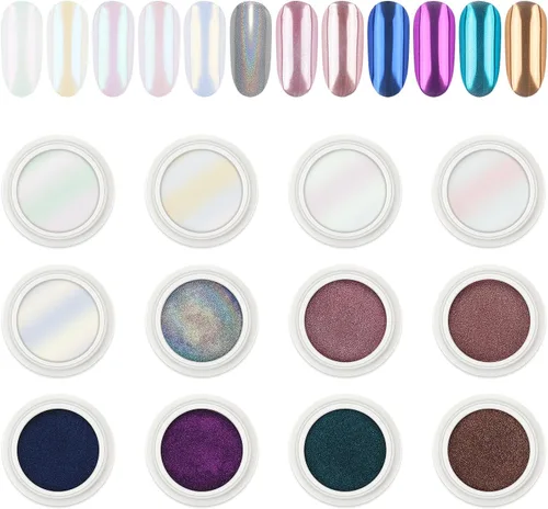 Miniatura 11 de AIMEILI Polvo de uñas de cromo perlado, vegano, libre de crueldad, 12 colores Aurora Metálico Holográfico efecto espejo pigmento para arte de uñas