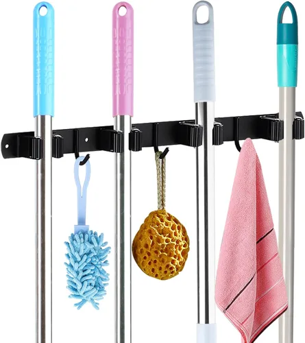 Miniatura 8 de Huryfox Soporte para fregona y escoba montado en la pared, resistente estante de acero inoxidable con ganchos utilitarios, 5 estantes, 4 ganchos