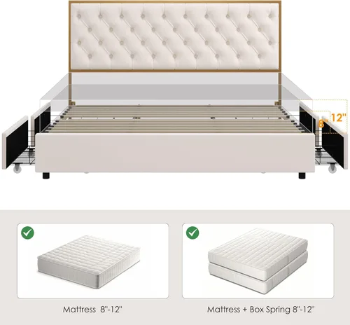 Miniatura 8 de HIFIT Marco de Cama Tapizada King con 4 Cajones de Almacenamiento y Cabecero Acolchado con Botones Hecho a Mano, Cama Plataforma de Almacenamiento