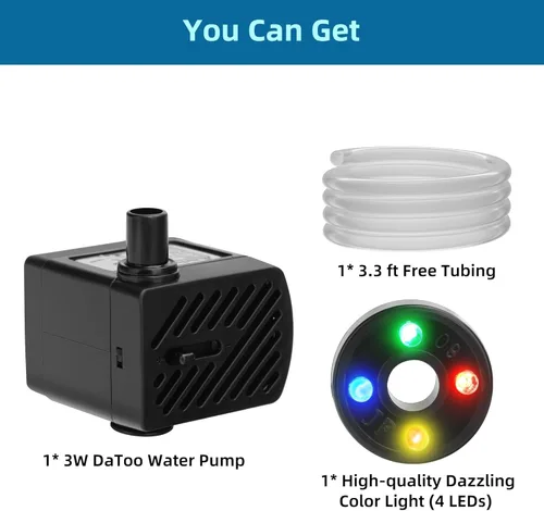 Miniatura 7 de DaToo Mini bomba de agua sumergible con luz LED 50gph 3W pequeña bomba de agua ultra silenciosa con tubo para acuario tanque de peces estanque al