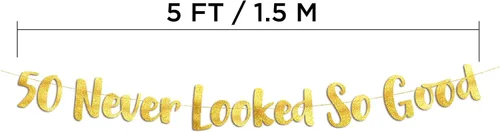 Miniatura 3 de Cartel dorado con purpurina preencordada de 50 "Never Looked So Good", decoraciones de cumpleaños 50 y aniversario para hombres y mujeres