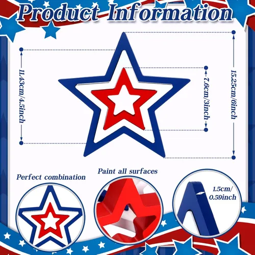 Miniatura 3 de Blulu 3 piezas de decoración patriótica del 4 de julio, letreros de madera de estrella de Estados Unidos, color rojo, blanco y azul, estrella