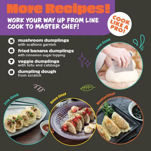 Miniatura 5 de MasterChef Junior Juego para Hacer Dumplings para Niños - Kit de 5 Piezas - Utensilios de Cocina Reales Incluye Recetas, Canasta de Vapor, Molde