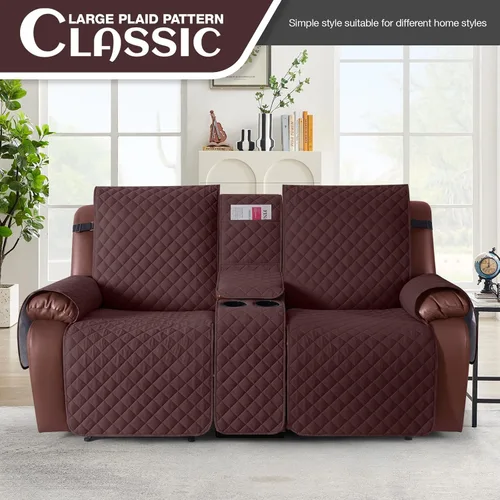 Miniatura 2 de KinCam Funda para Loveseat Reclinable 100% Impermeable con Consola, Fundas Antideslizantes para Sofá Reclinable de 2 Asientos, Funda para Sofá Café