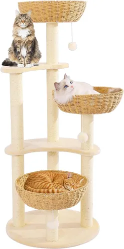 Miniatura 9 de Moderna torre de árbol para gatos de interior, condominio de madera de varios niveles con nido de cápsula espacial, cesta tejida a mano para gatos