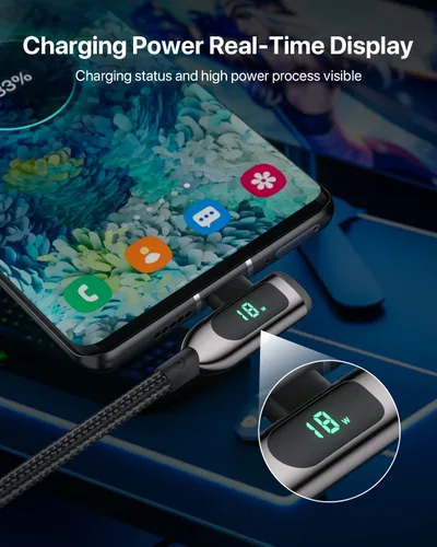 Miniatura 5 de SOOPII 100W Cable USB C a USB C de Ángulo Recto, Cable de Aleación de Zinc de 1 Pie de Tipo-C Trenzado de Nylon con Pantalla LED para iPad