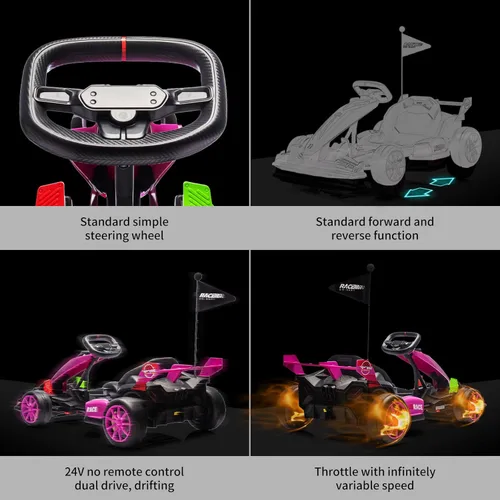 Miniatura 4 de GarveeLife Kart eléctrico de deriva de 24 V para niños, auto de paseo con asiento ajustable y velocidad de 8.5 MPH, ruedas silenciosas de EVA, Rosa