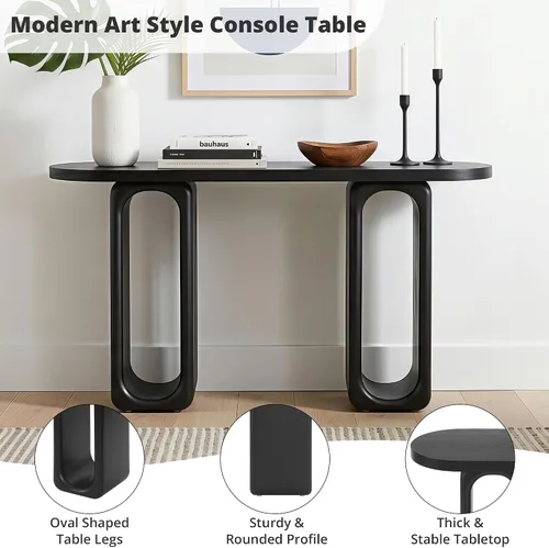 Miniatura 5 de 50" Modern Art Sculptural Console Table, Oval Cutout Legs, Wood Veneer, Thick Rounded Tabletop, Contemporary Entryway Sofa Table for Living Room