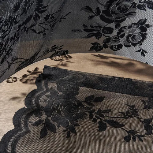 Miniatura 8 de SEEKRIGHT - 2 paneles de cortinas traslúcidas de encaje negro, cortinas góticas florales, cortinas victorianas con bolsillo para cortinero