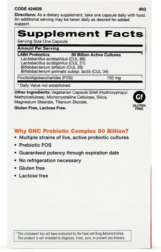 GNC Complejo probiótico con 50 mil millones de UFC, paquete doble, 30 cápsulas por botella, soporte probiótico diario