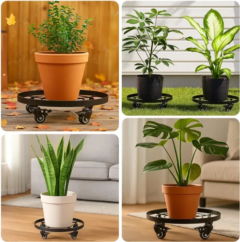 Miniatura 8 de Paquete de 3 posavasos de metal para plantas de 10.6 pulgadas, con ruedas, soporte rodante resistente para plantas con ruedas para interiores y Negro