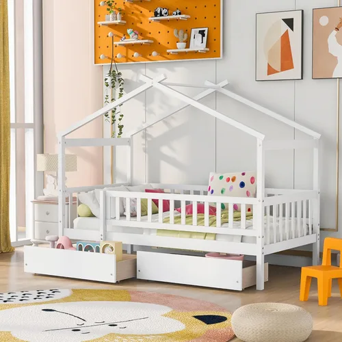 Cama de madera de tamaño individual con dos cajones y techo, cama de plataforma con 2 cabeceros, para dormitorio de niños, adolescentes, niñas y