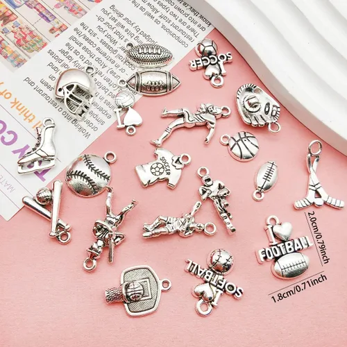 Miniatura 2 de 100 piezas de dijes deportivos de plata envejecida para hacer joyas, aleación de fútbol, béisbol, sóftbol, fútbol para manualidades de bricolaje