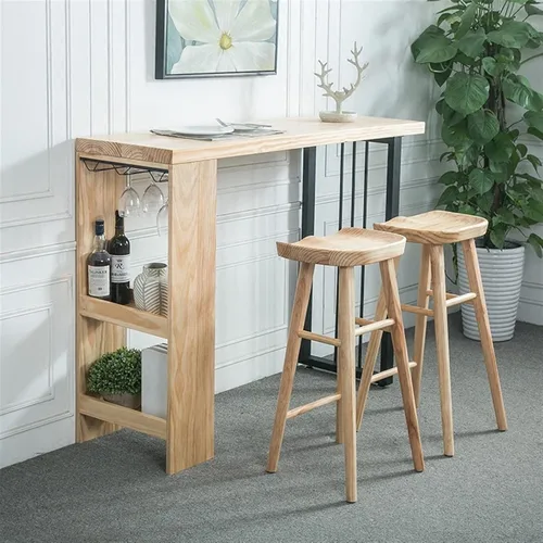 Miniatura 5 de Mesa de barra de altura nórdica moderna barra de madera maciza para el hogar multifuncional sala de estar Bar con estante Tienda de té con leche