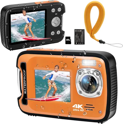 Miniatura 9 de Cámara subacuática 4K 48MP Autofocus Selfie Cámara impermeable de doble pantalla con correa flotante y tarjeta de 32 GB, cámara digital compacta