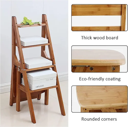Miniatura 7 de Silla de escalera plegable de madera, taburete y silla 2 en 1, estilo rústico, perfecta para comedor, uso en interiores y exteriores, capacidad