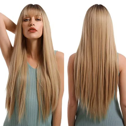 Miniatura 8 de EMMOR Peluca rubia con flequillo para mujer, pelucas largas y lacias, peinado sintético en capas para niñas, fiesta, cosplay y uso diario
