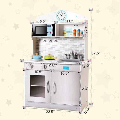 Miniatura 7 de OLAKIDS - Juego de cocina para niños, cocina de madera para niños pequeños con sonidos reales, estufa, microondas, horno, fregadero, gabinete