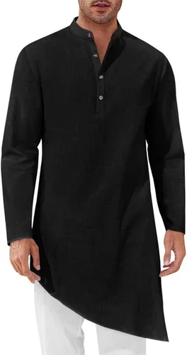 Miniatura 8 de Bata de caftán para hombre, de algodón, manga larga, estilo Henley, casual, musulmán, Kurta, tops