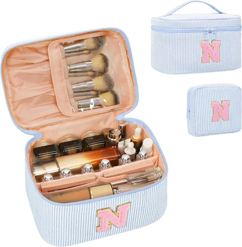 Miniatura 68 de Juego de bolsas de maquillaje con iniciales para niñas y mujeres, bolsa de cosméticos con monograma con soporte para cepillos, estuche de maquillaje