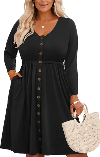 Miniatura 27 de Holipick Vestidos de verano para mujer, talla grande, casual, con bolsillos, acampanado, con botones, sin mangas, cuello en V