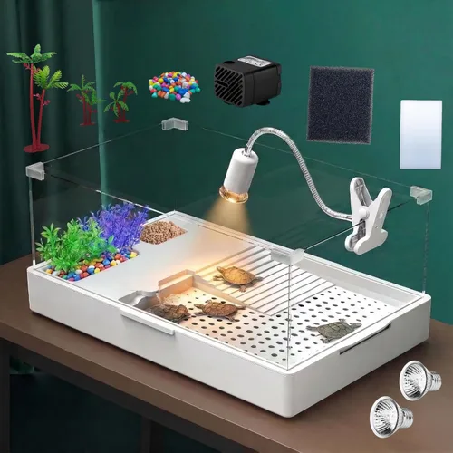 Miniatura 9 de Geegoods Acuario de tanque de tortuga con luz, acuario de reptiles Terrapin Lake con tanque de bomba de agua para mascotas tortugas reptiles hábitat