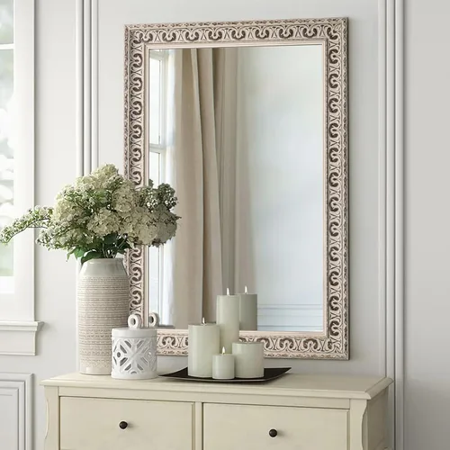 Espejos blancos de baño para sobre el fregadero, 36.6 x 24.8 pulgadas, espejo de pared blanco decorativo vintage con tallas de mariposa