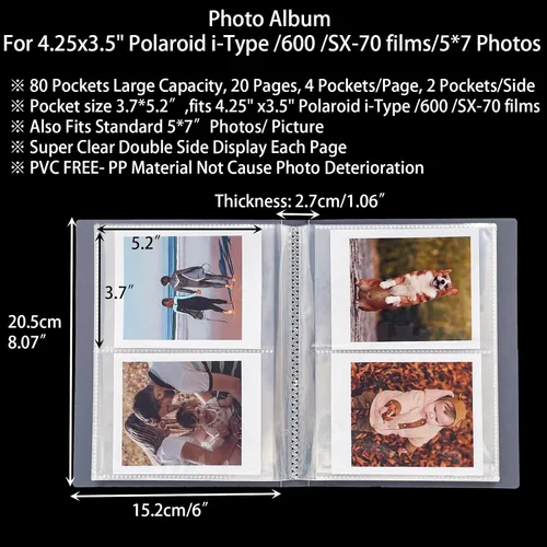 Miniatura 2 de Álbum de fotos para Polaroid i-Type/600/SX-70/Instax Wide 300/200/210 de 4.25 x 3.5 pulgadas, álbumes de fotos de 5 x 7 para cámara instantánea