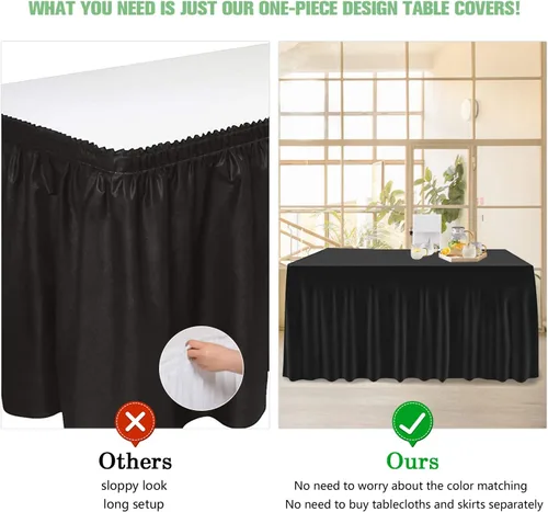 Miniatura 4 de Mantel de una pieza y falda para mesas rectangulares, mantel ajustable de elastano de 6 pies con falda de volantes para bodas, banquetes, baby Negro