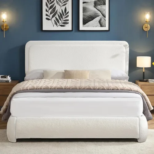 Miniatura 7 de Flolinda Base de cama tapizada de tamaño Queen con cabecera ajustable, plataforma moderna con listones de madera de tela Boucle, perfil bajo,